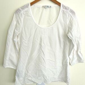 Boden Eyelet Trim 3/4 Sleeve Cotton Blouse Top White US 6